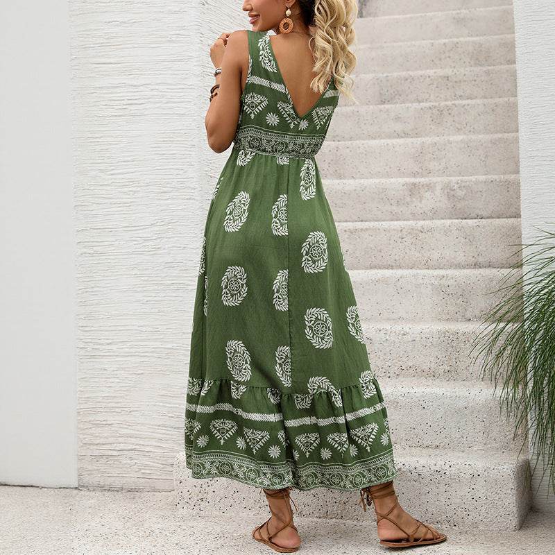 Green Ethnic Style V-Neck Dress for Women - High Waist Casual Fashion - Buy Center US