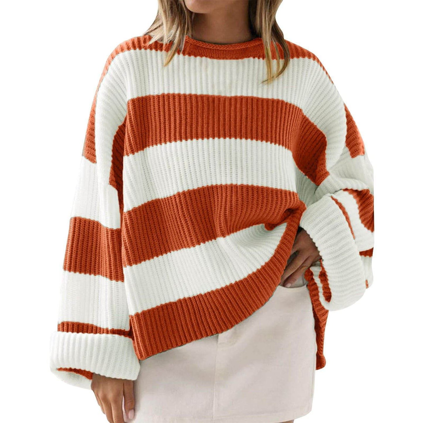 Stylish Women's Round Neck Striped Sweater - Long Sleeve Casual Top - Buy Center US