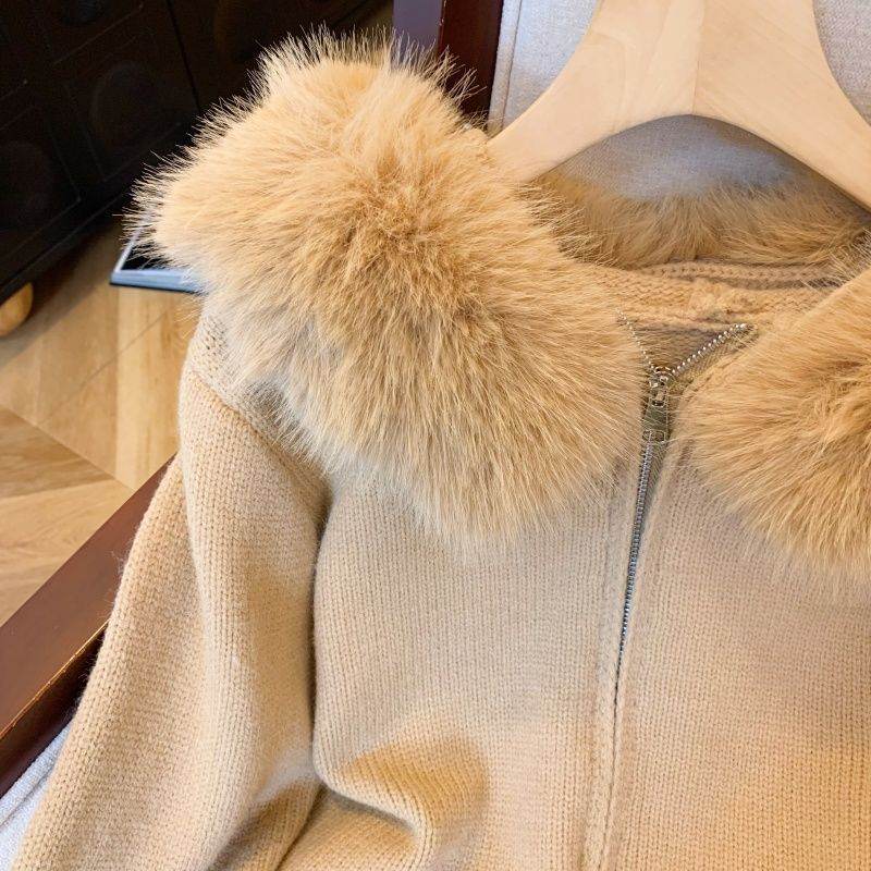 Double Zipper Hooded Knit Cardigan - Chic Fur Collar Design in Khaki & White - Buy Center US