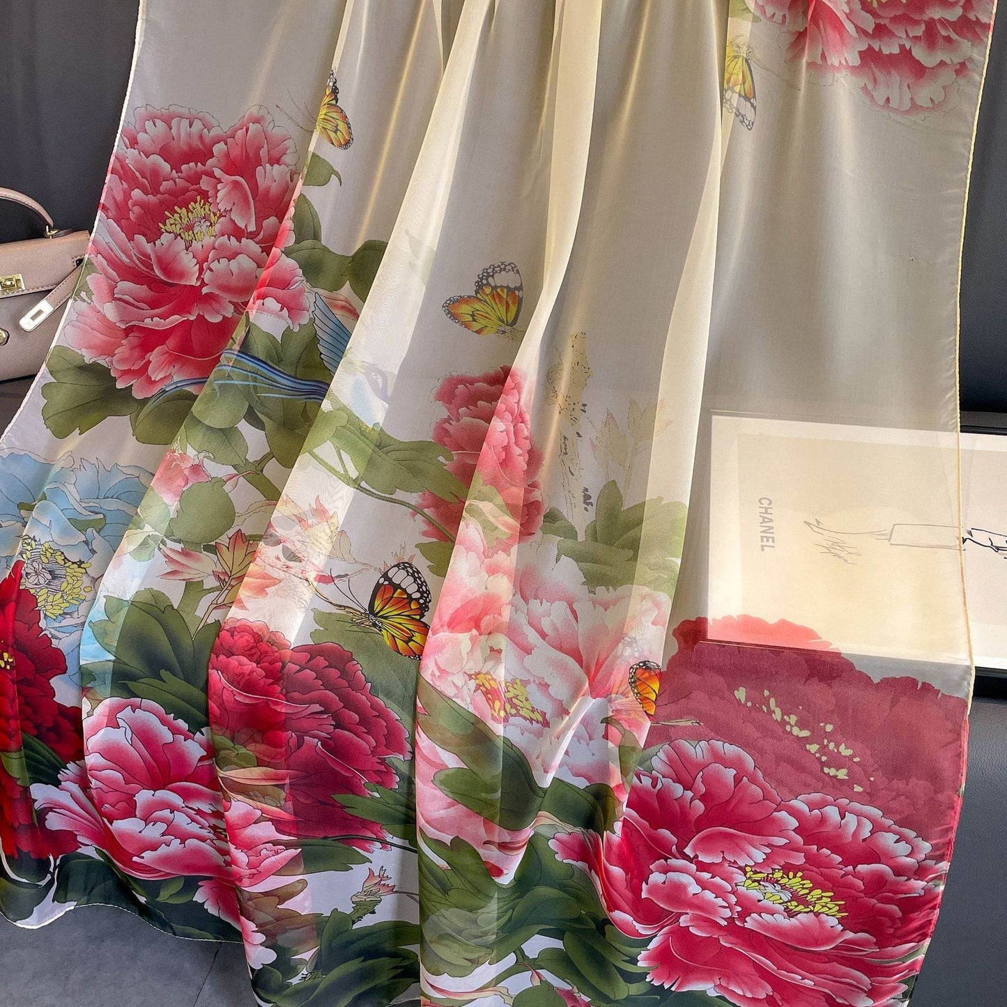 Peony Silk Scarf for Women - Long, Lightweight Sun Protection Accessory - Buy Center US