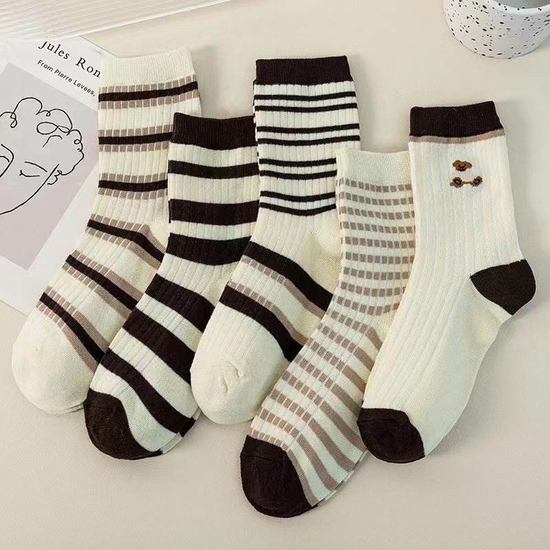 Cute Brown Striped Couple Socks - Autumn/Winter Middle Calf Style - Buy Center US