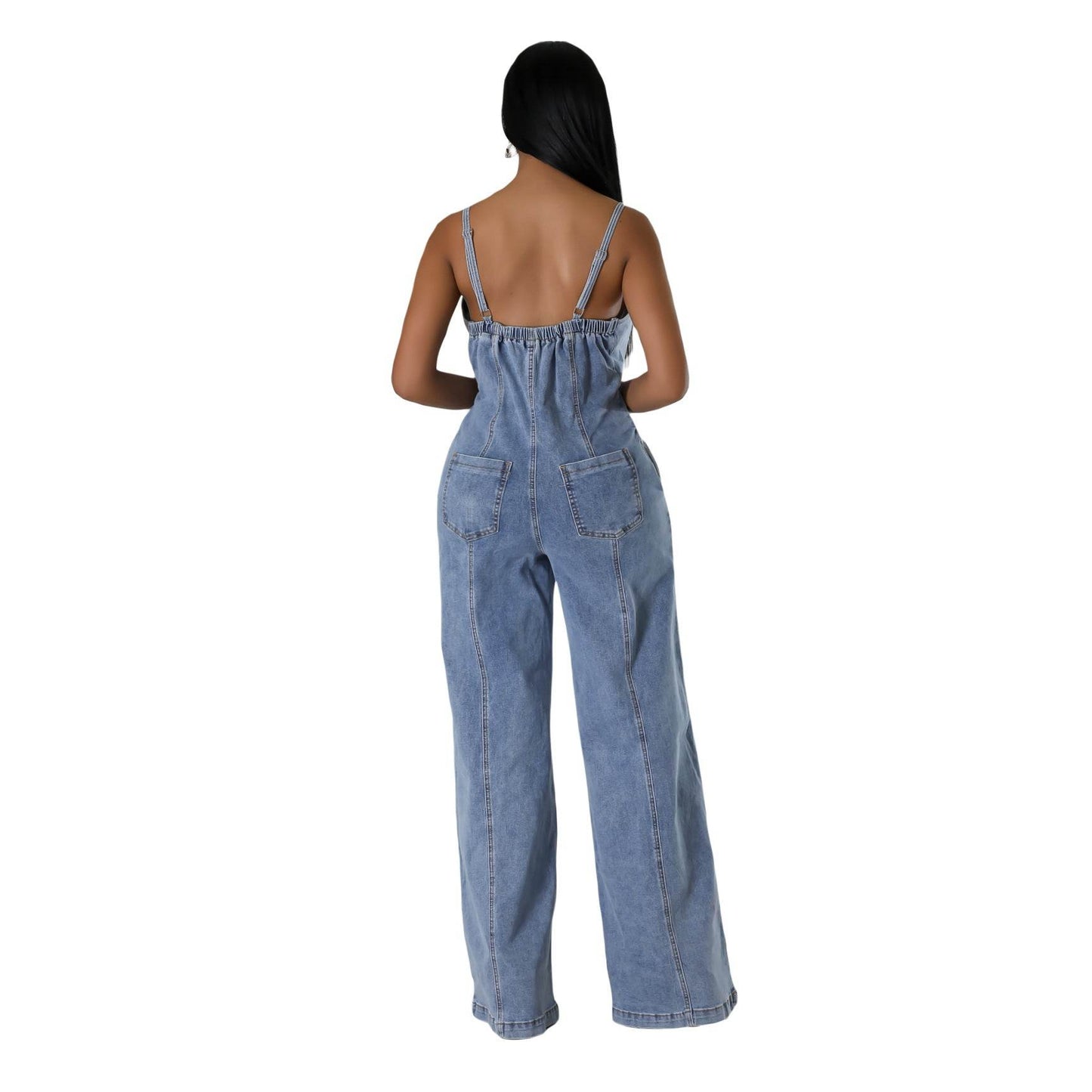 Women's Light Blue Denim Jumpsuit - Fashion Suspenders & Sleeveless Style - Buy Center US
