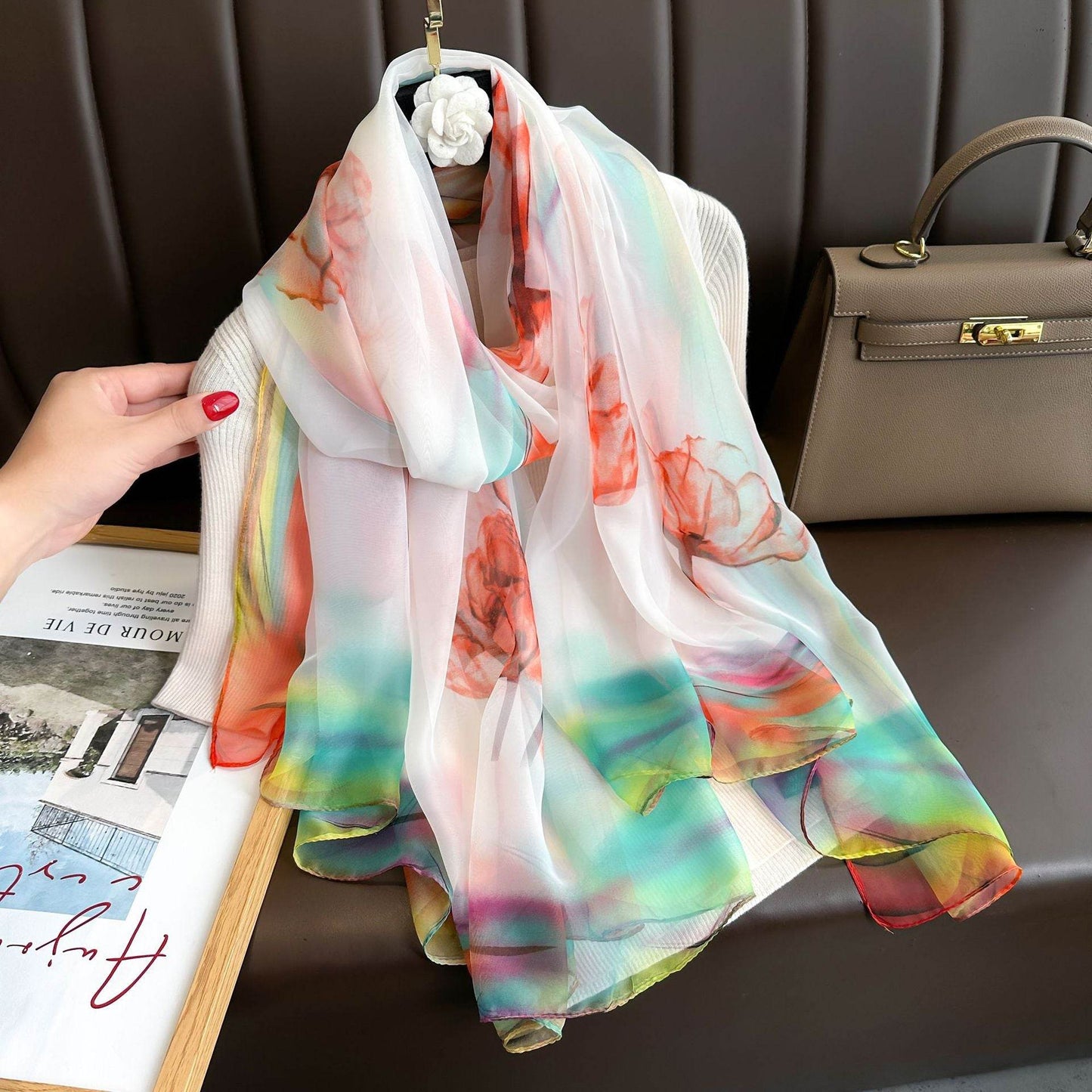 Peony Silk Scarf for Women - Long, Lightweight Sun Protection Accessory - Buy Center US