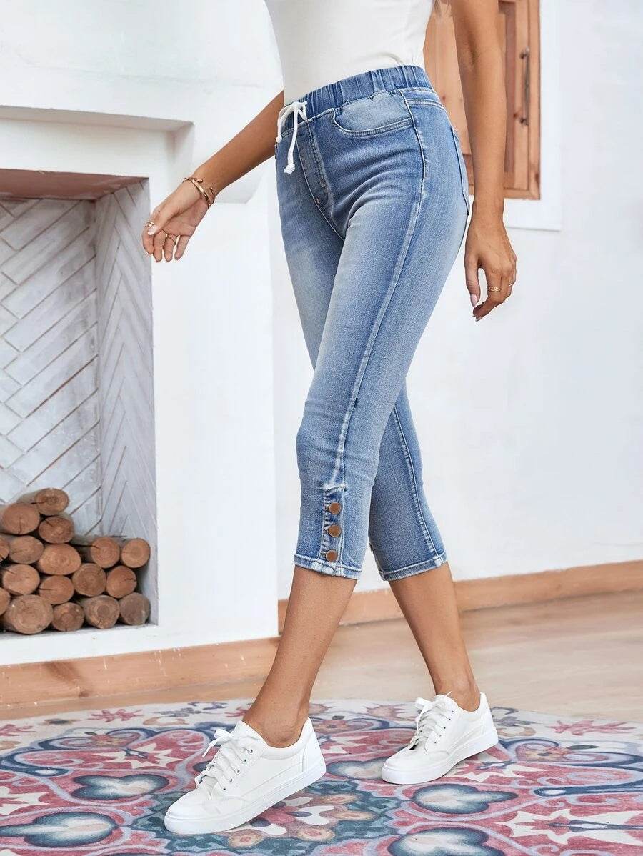 Women's Elastic Waistband Lace-up Stretch Jeans - Light Blue Denim - Buy Center US