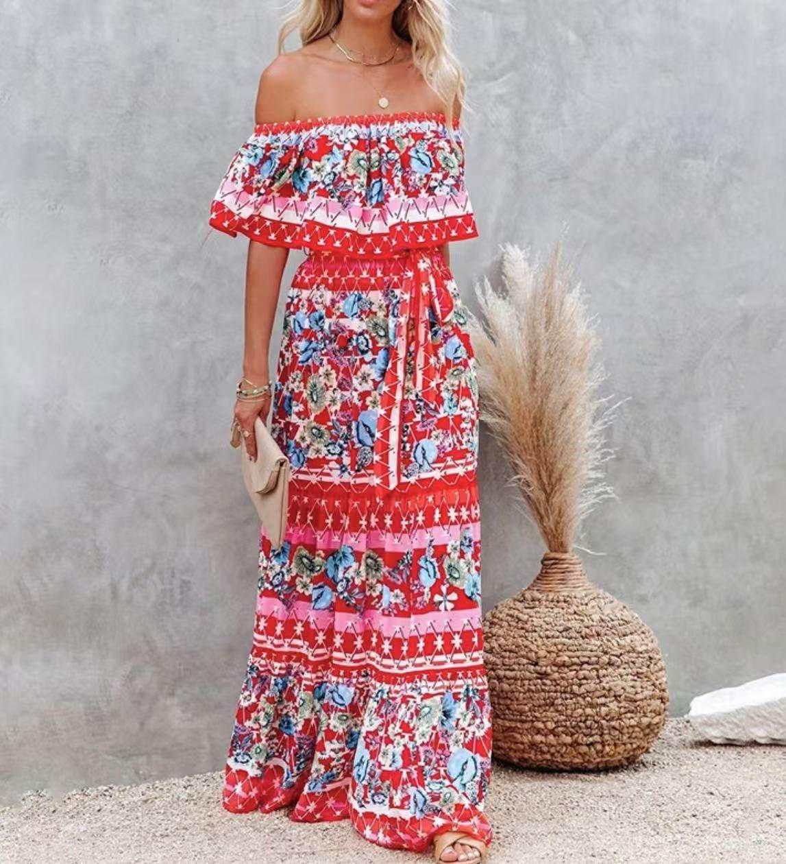 Off-Shoulder A-Line Summer Dress - Floral Print, Mid Waist Style - Buy Center US