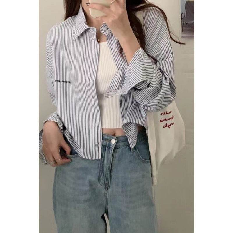 Vertical Striped Embroidery Shirt - Loose Fit in Blue & White Stripe - Buy Center US