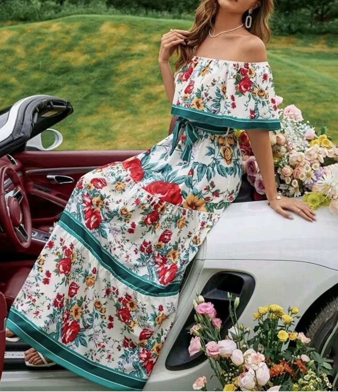 Off-Shoulder A-Line Summer Dress - Floral Print, Mid Waist Style - Buy Center US