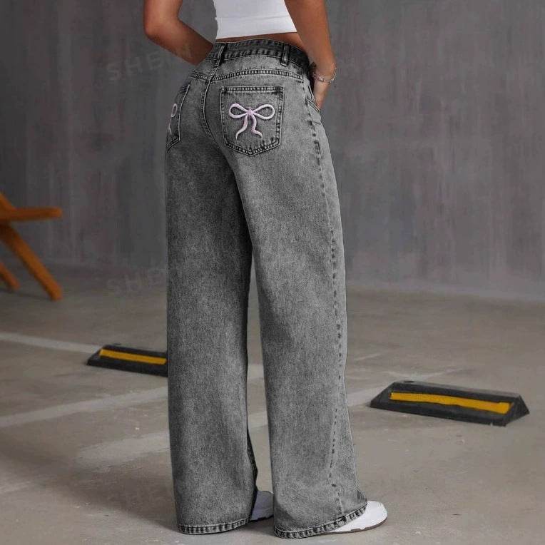 Vintage Bow Embroidered Jeans for Women - Washed Straight Loose Trousers - Buy Center US