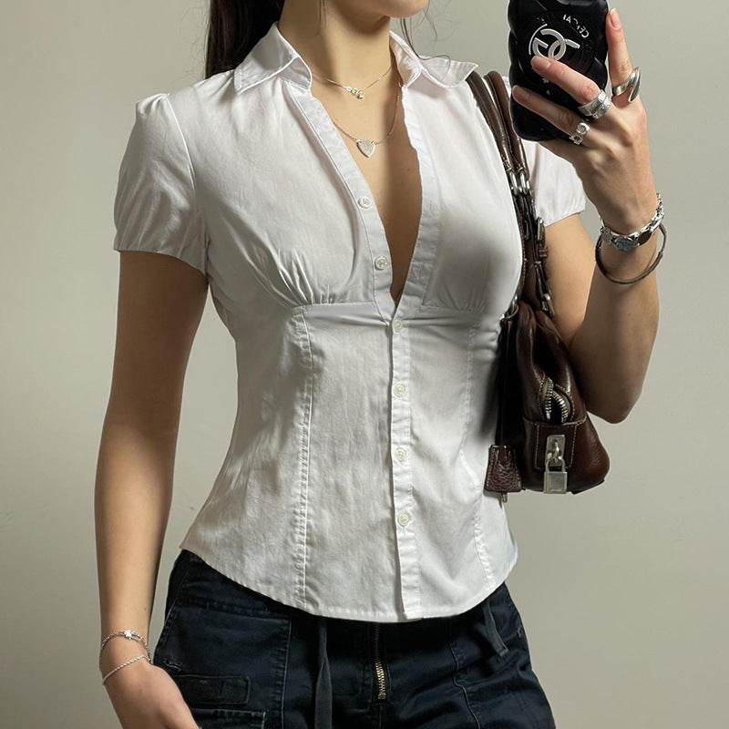 Solid Color Fitted Puff Sleeve Polo Shirt - Casual Japanese Style - Buy Center US