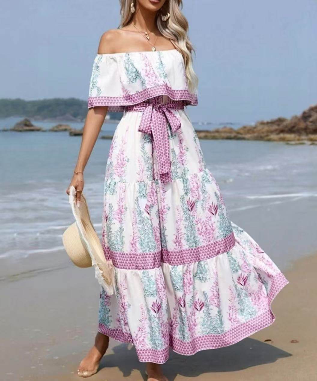 Off-Shoulder A-Line Summer Dress - Floral Print, Mid Waist Style - Buy Center US