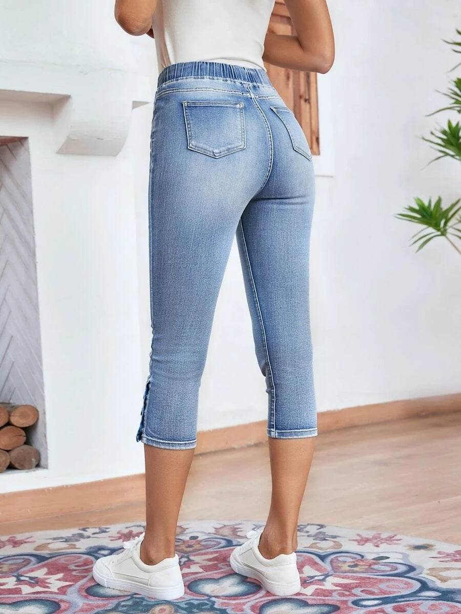 Women's Elastic Waistband Lace-up Stretch Jeans - Light Blue Denim - Buy Center US