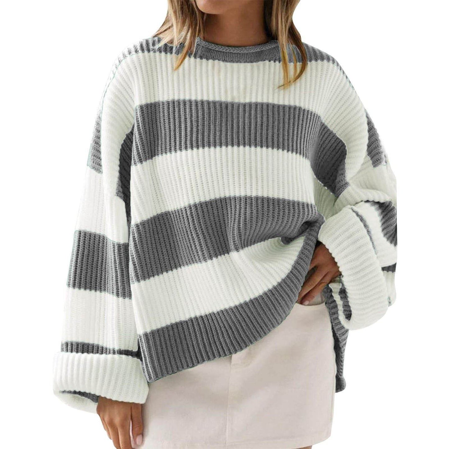 Stylish Women's Round Neck Striped Sweater - Long Sleeve Casual Top - Buy Center US