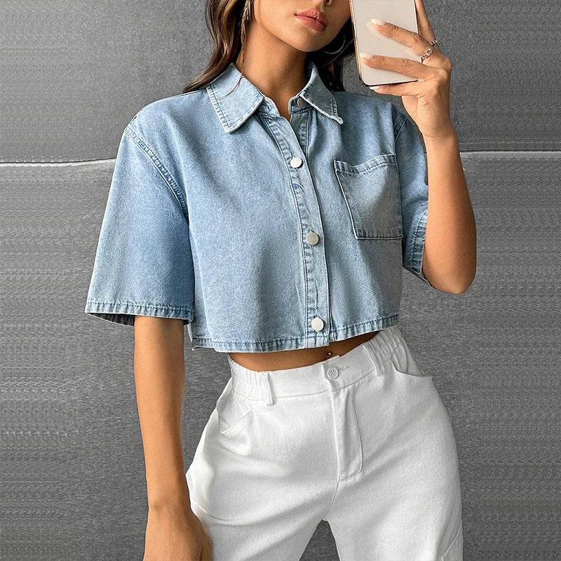 Fashion Thin Denim Waistcoat Shirt - Light Blue Short Sleeve for Commuting - Buy Center US