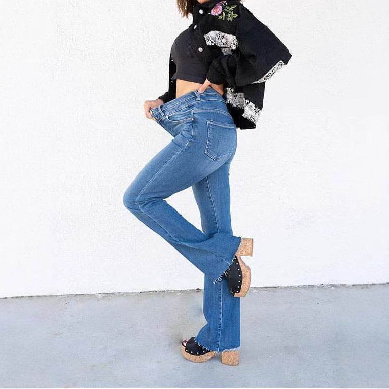 Women's High Waist Straight Double Button Jeans - Medium Blue, Black, Dark Blue - Buy Center US