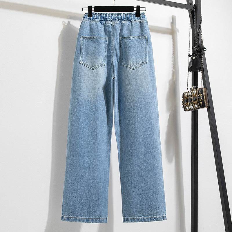 Light Blue Tapered Mid-Rise Jeans - Loose Fit, Flannel Fabric - Buy Center US