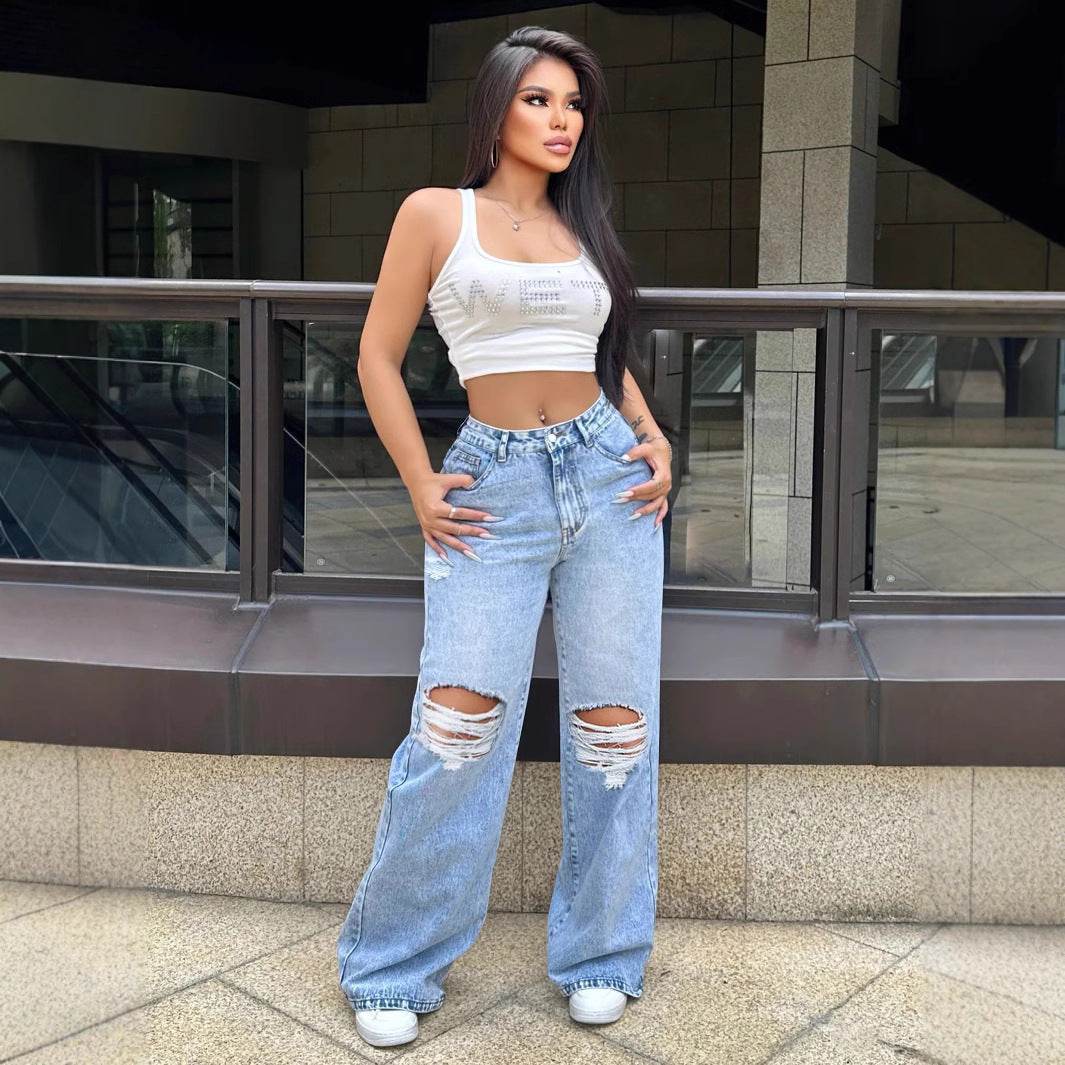 Light Blue Ripped Washed Jeans - Women's Loose Straight Wide Leg - Buy Center US