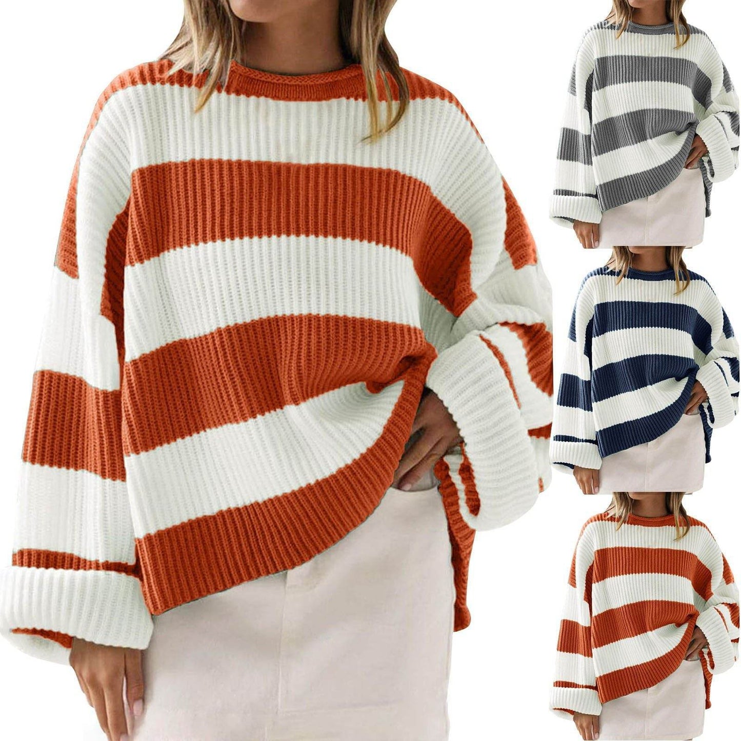 Stylish Women's Round Neck Striped Sweater - Long Sleeve Casual Top - Buy Center US