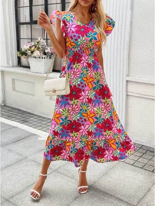 Elegant Floral Print Sleeveless Dress - European American Summer Vacation Style - Buy Center US