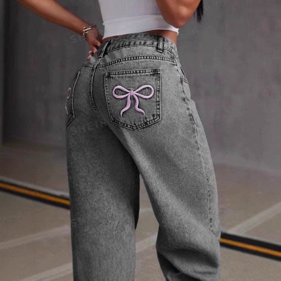 Vintage Bow Embroidered Jeans for Women - Washed Straight Loose Trousers - Buy Center US