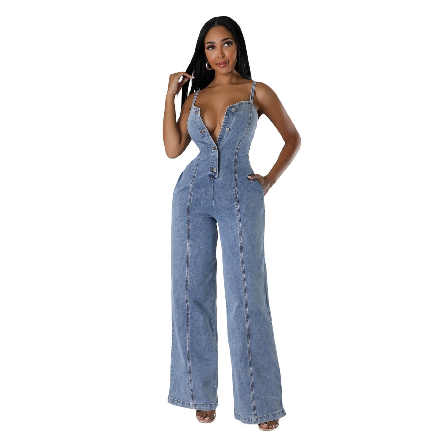 Women's Light Blue Denim Jumpsuit - Fashion Suspenders & Sleeveless Style - Buy Center US