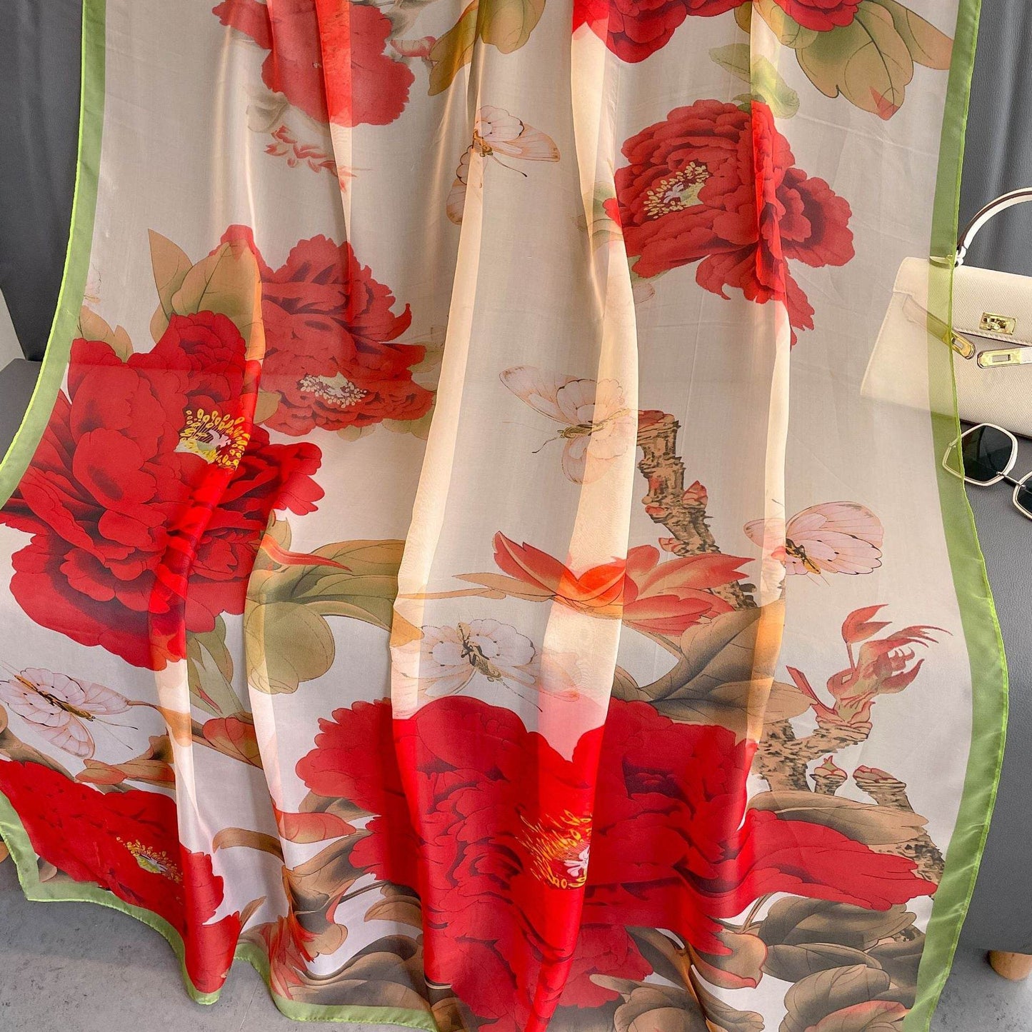 Peony Silk Scarf for Women - Long, Lightweight Sun Protection Accessory - Buy Center US