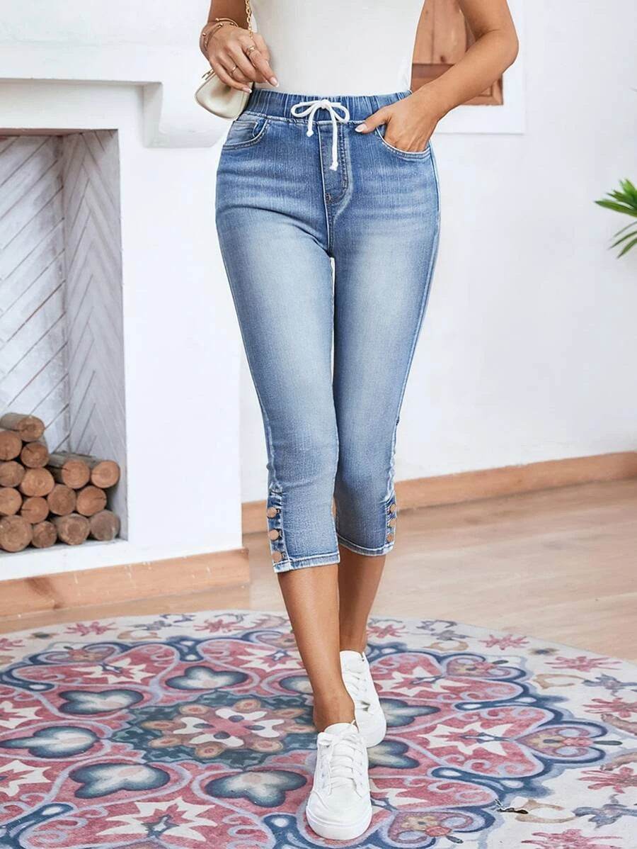 Women's Elastic Waistband Lace-up Stretch Jeans - Light Blue Denim - Buy Center US