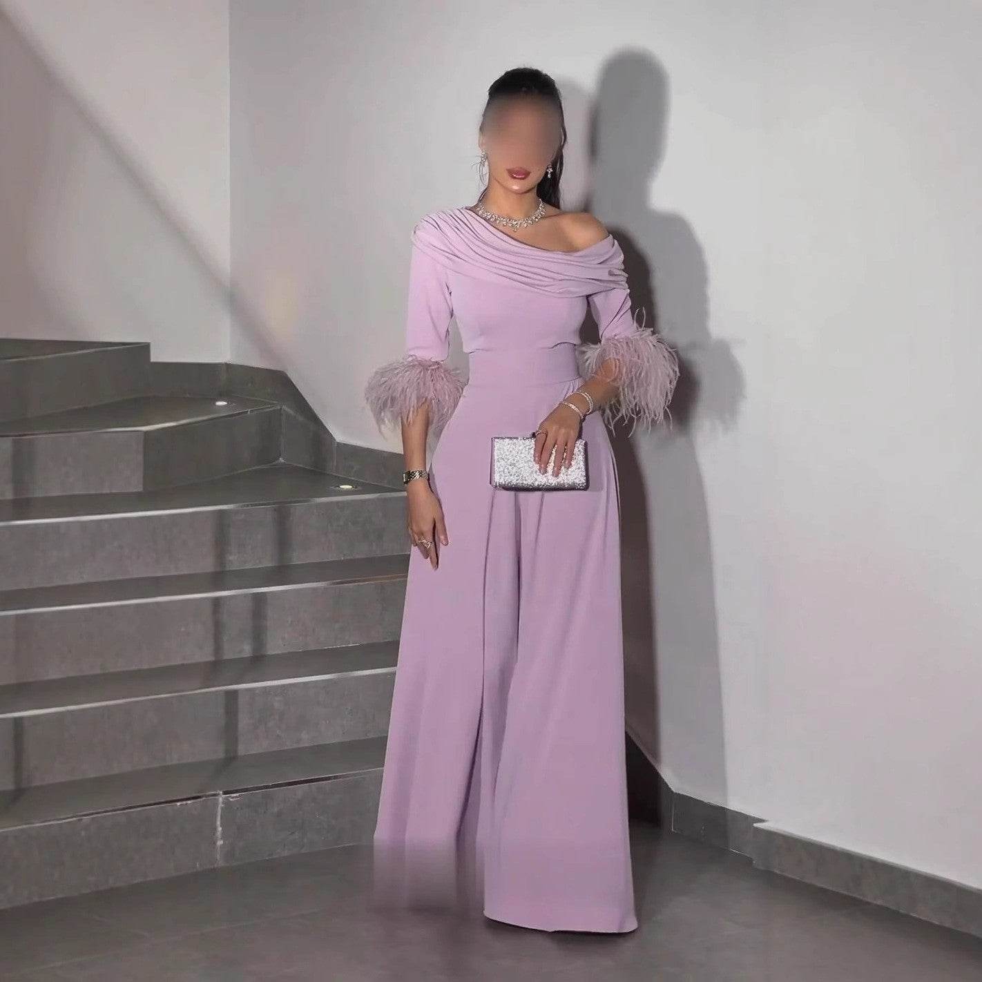 Elegant Feather Stitching Jumpsuit - High Waist in Lotus Root Pink & Gray Green - Buy Center US