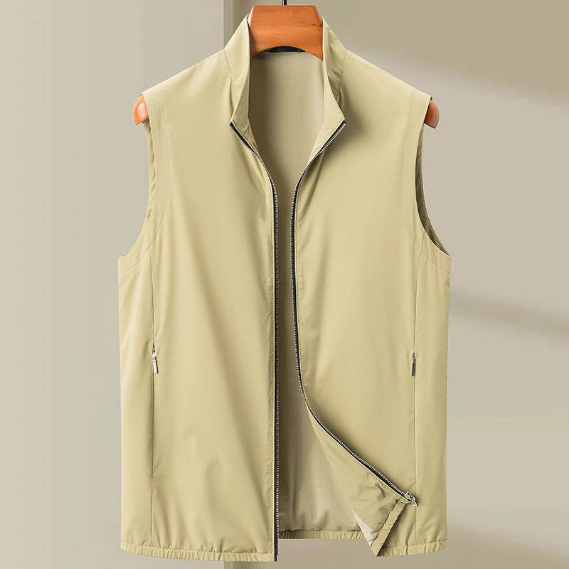 Buycenter Casual Men's Vest - Lightweight Stand Collar Waistcoat in Khaki & Blue - Buy Center US