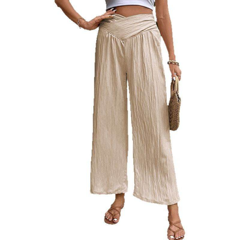 Women's High Waist Cropped Wide-Leg Pants - Apricot, Stylish Commute Wear - Buy Center US
