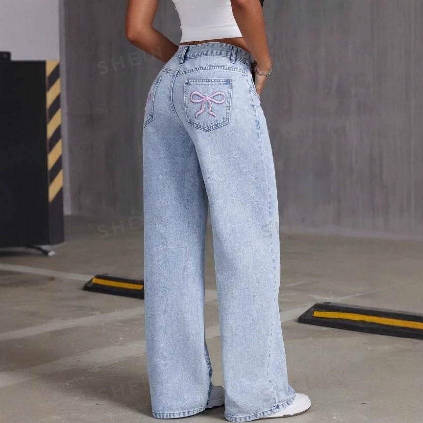 Vintage Bow Embroidered Jeans for Women - Washed Straight Loose Trousers - Buy Center US