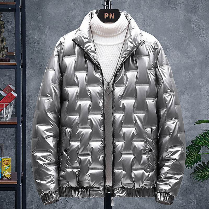 Buycenter Men's Glossy Solid Color Jacket - Stand-up Collar & Winter Warmth - Buy Center US