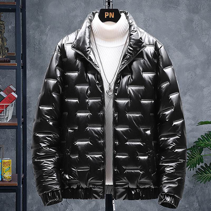 Buycenter Men's Glossy Solid Color Jacket - Stand-up Collar & Winter Warmth - Buy Center US