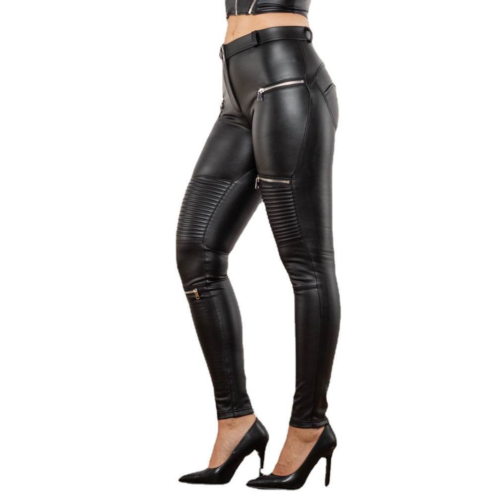 Peach Matt Black Smocking Leather Pants - High Elasticity Hip Lifting Trousers - Buy Center US