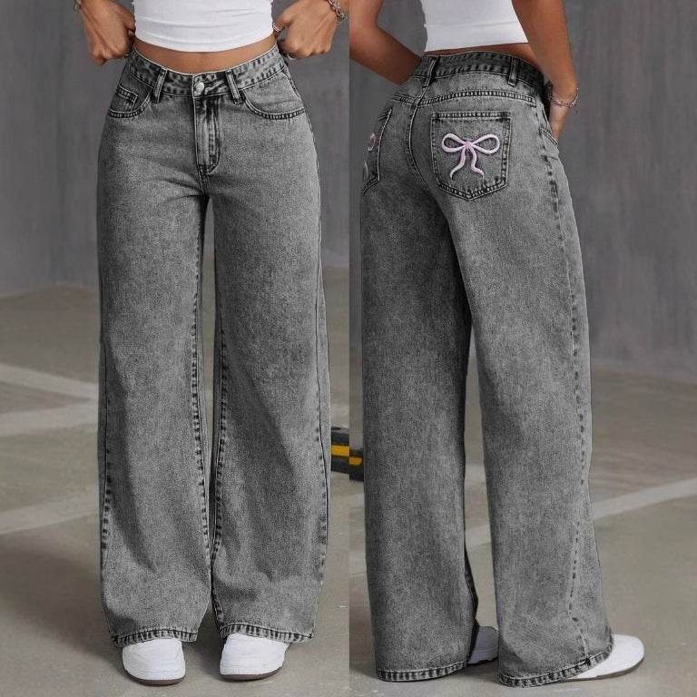 Vintage Bow Embroidered Jeans for Women - Washed Straight Loose Trousers - Buy Center US