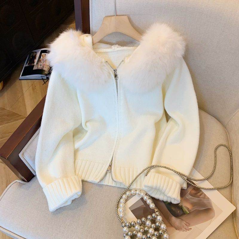 Double Zipper Hooded Knit Cardigan - Chic Fur Collar Design in Khaki & White - Buy Center US