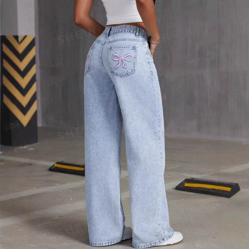 Vintage Bow Embroidered Jeans for Women - Washed Straight Loose Trousers - Buy Center US