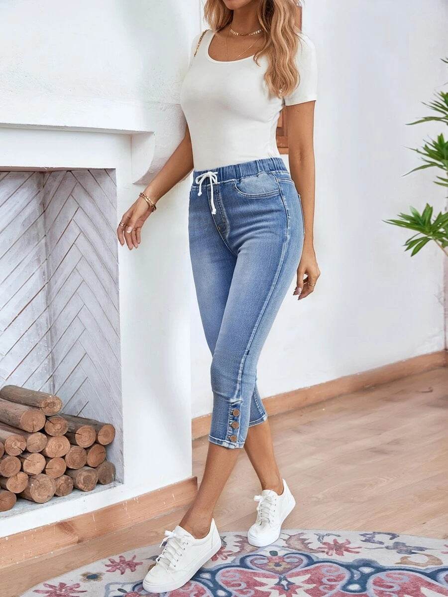 Women's Elastic Waistband Lace-up Stretch Jeans - Light Blue Denim - Buy Center US
