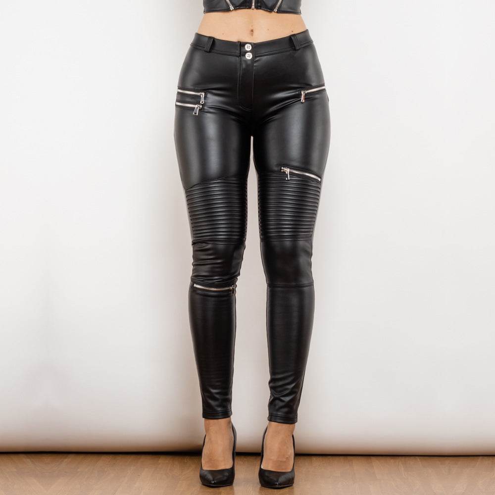 Peach Matt Black Smocking Leather Pants - High Elasticity Hip Lifting Trousers - Buy Center US