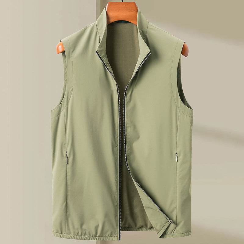 Buycenter Casual Men's Vest - Lightweight Stand Collar Waistcoat in Khaki & Blue - Buy Center US