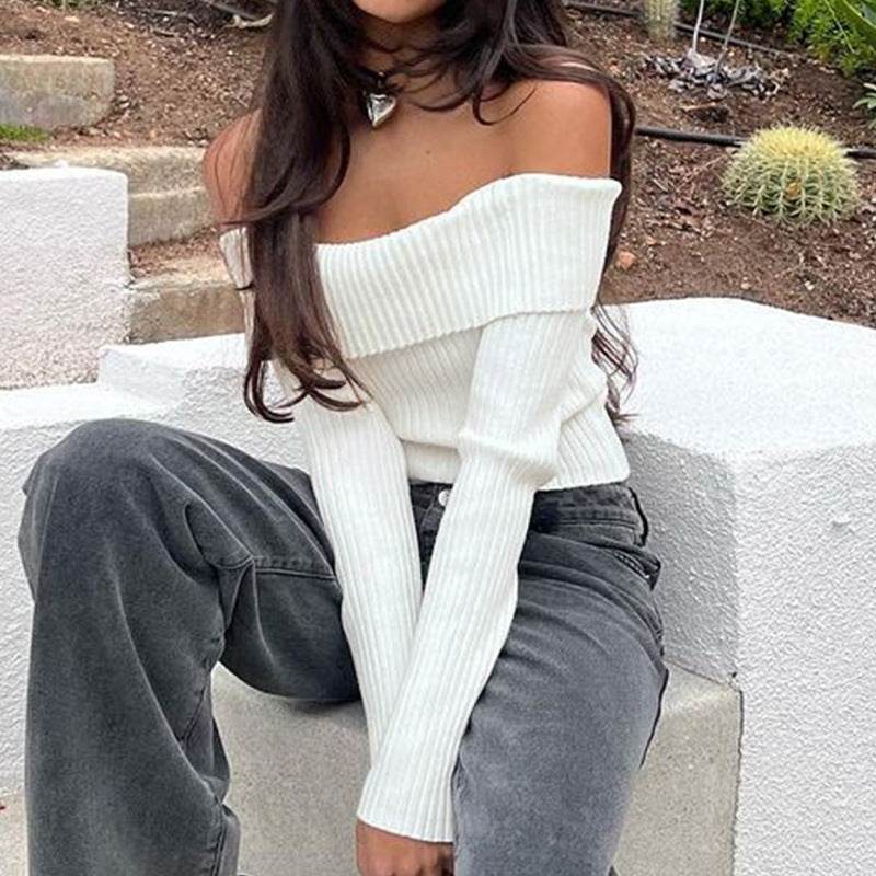Short Knitwear Pullover Sweater - Off-the-Shoulder Design in White - Buy Center US