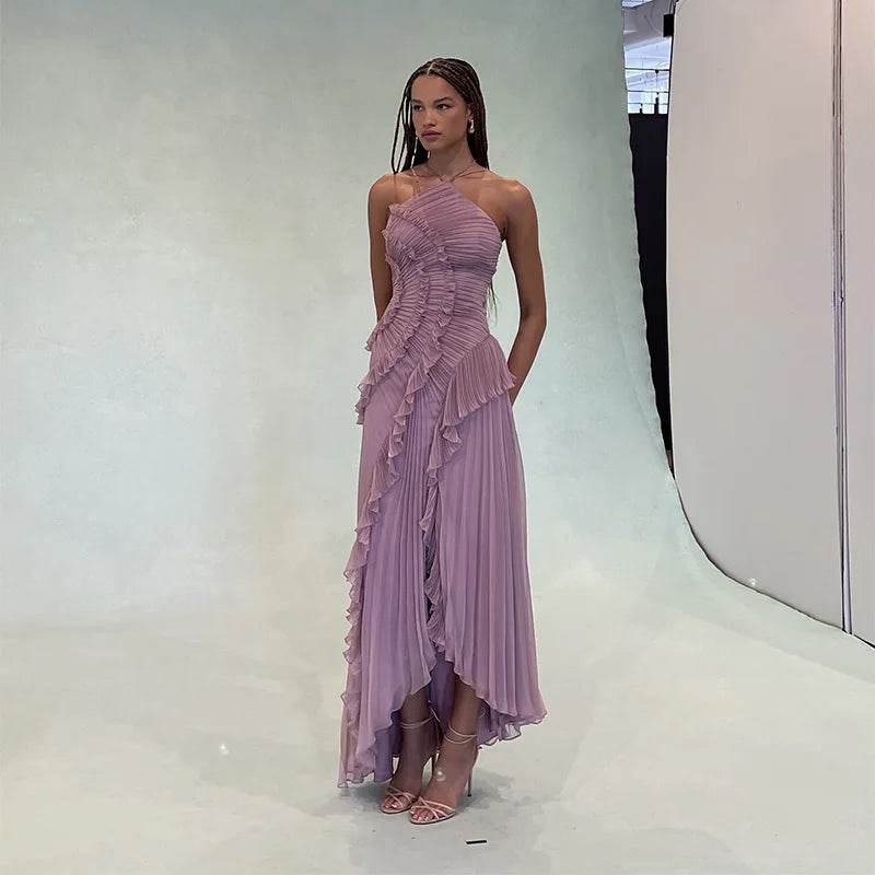 Women's Elegant Purple Halter Neck Maxi Dress - Summer Vacation Style - Buy Center US
