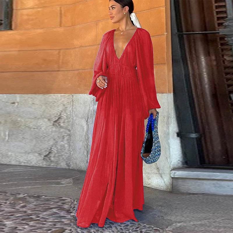 Elegant Pleated O-Neck Long Dress - Women's Summer Beach Chic - Buy Center US