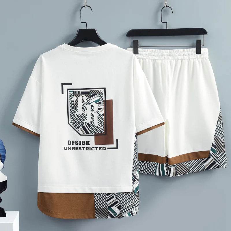 Men's Summer Tracksuit Set - Splice Print T-Shirt & Shorts for Casual Style - Buy Center US
