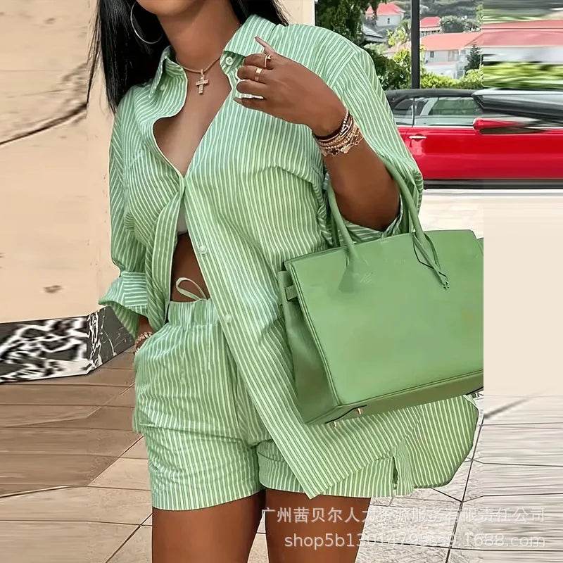 Mandylandy Women's Striped Two Piece Set - Casual Shirt & Shorts - Buy Center US
