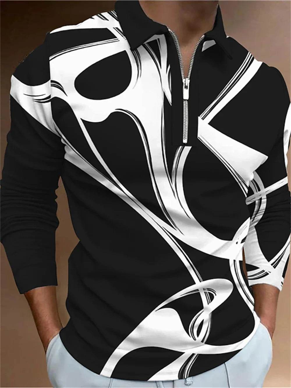 Vintage Black and White Striped Zipper Polo Shirt for Men - Summer Casual Style - Buy Center US