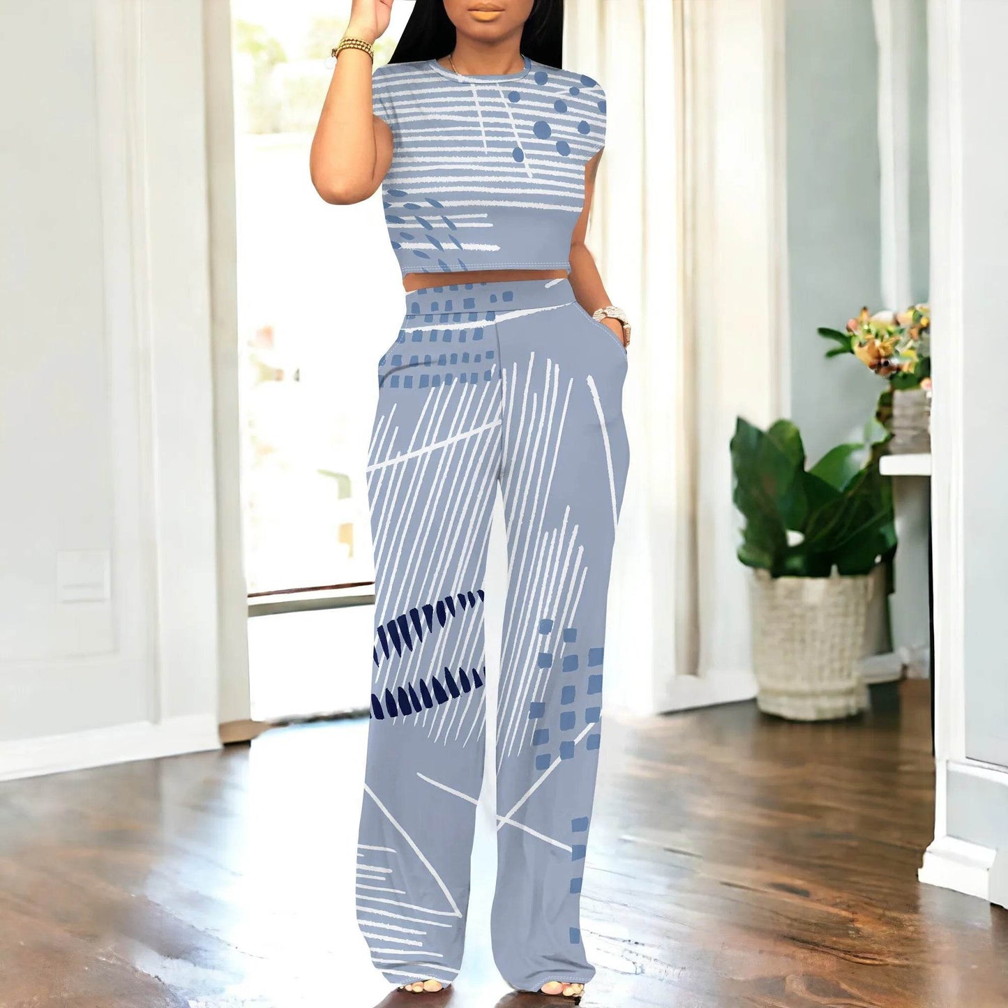 Women's Summer Two-Piece Outfit - Crop Top & Wide Leg Pants Set - Buy Center US