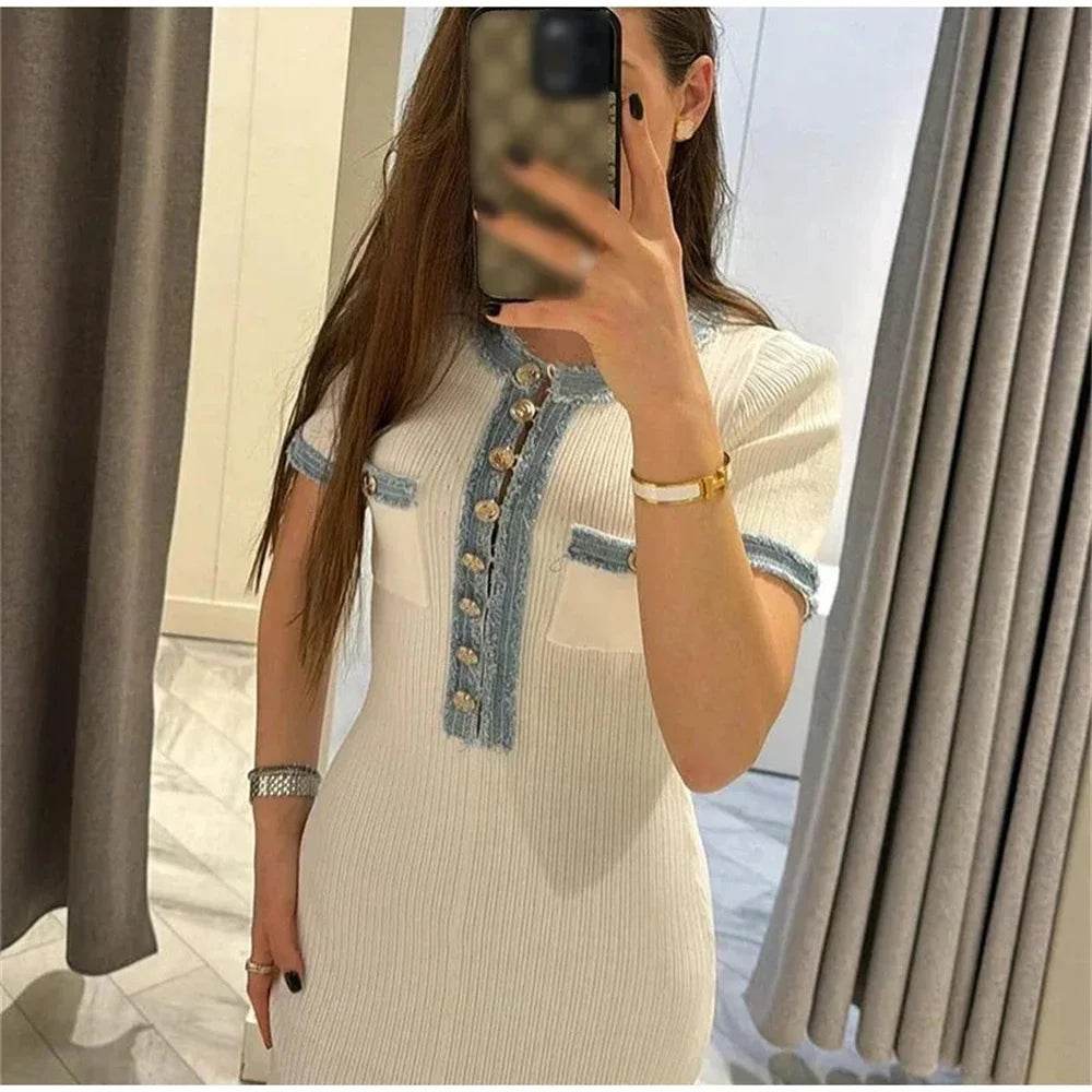 Elegant Women's Knit Maxi Dress - Chic O-neck with Metal Buttons - Buy Center US