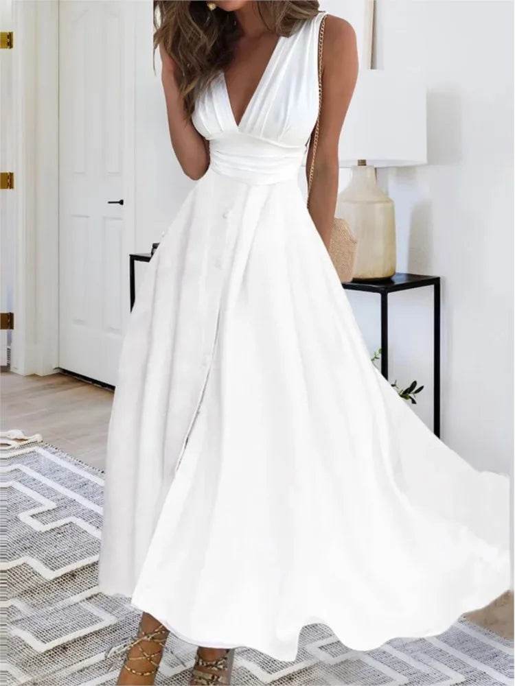 Elegant White Boho Maxi Dress for Women - Deep V Neck, Sleeveless - Buy Center US