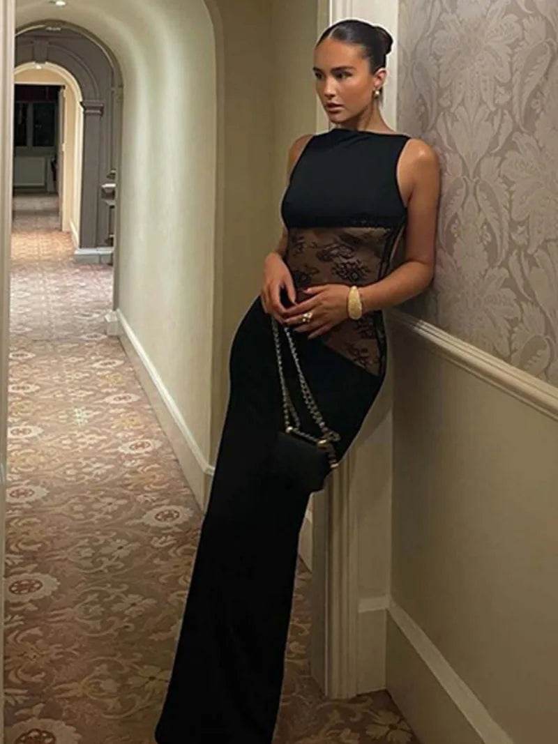 Elegant Black Sleeveless Lace Evening Dress - Backless Party Style - Buy Center US