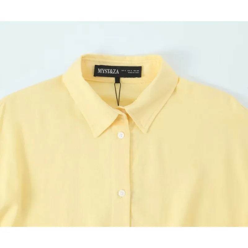 Women's Oversize Shirt with Belt - Casual Linen Blend, Long Sleeve - Buy Center US